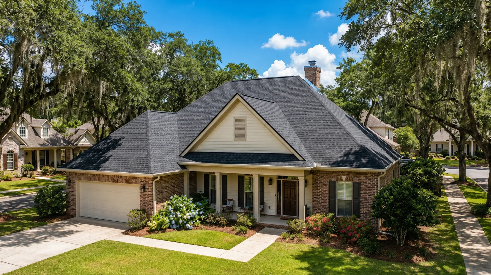 Architectural shingle roof design inspiration on a brick Southern home